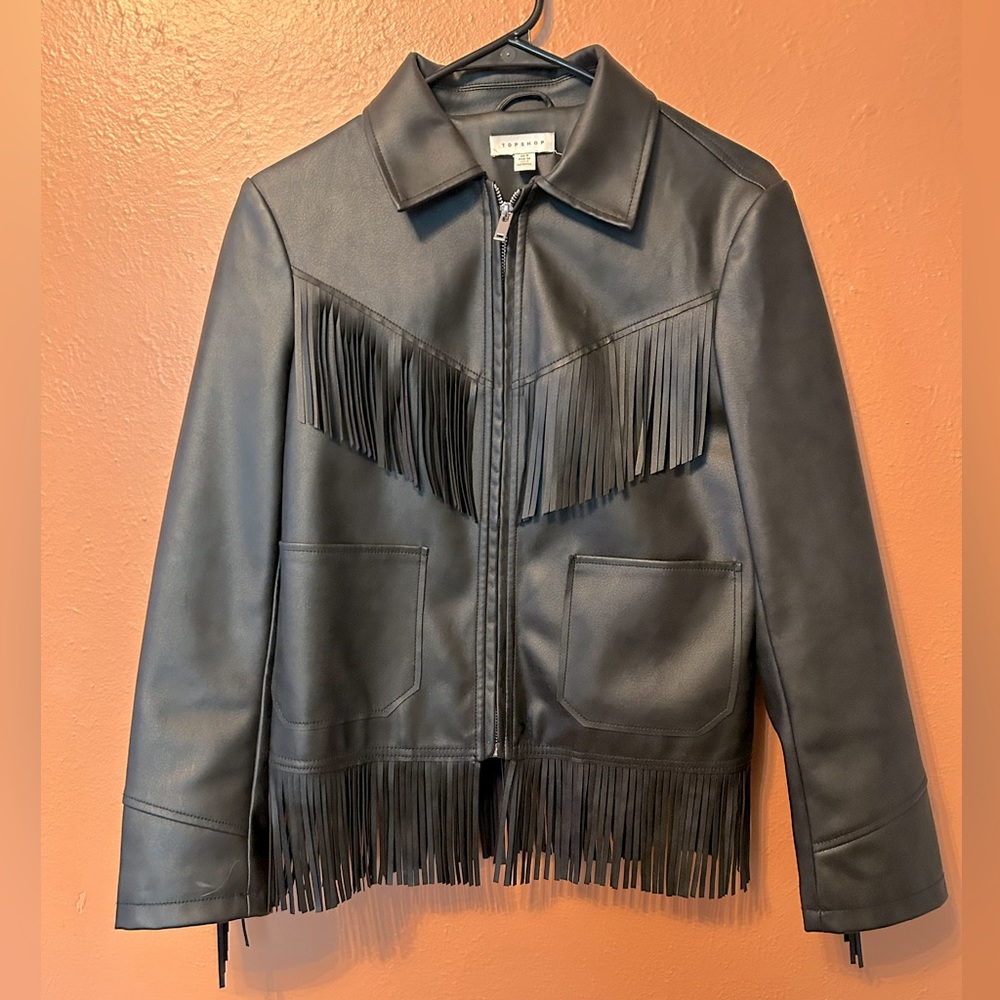 Topshop Fringe Trim Faux Leather Jacket Black Size 4, Excellent Condition